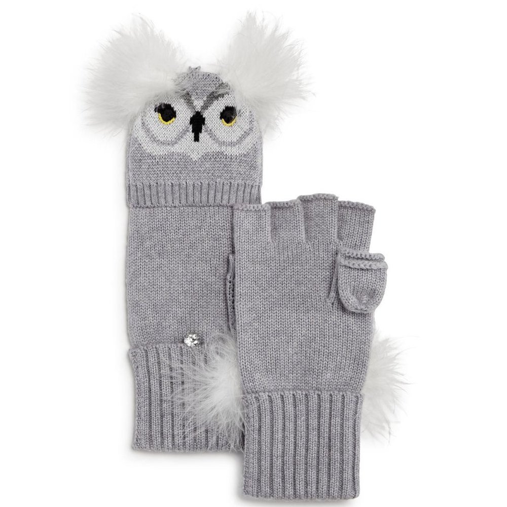 Kate Spade who me owl merino wool pop-top mittens